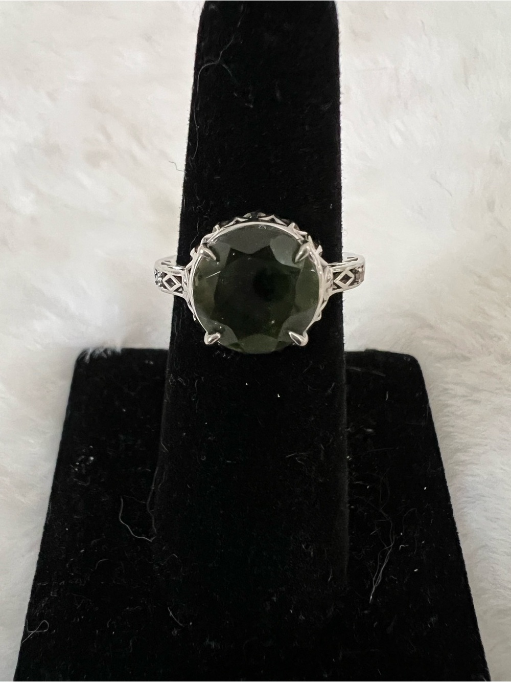 Classic Sterling Silver Ring with Dark Green Faceted Moldavite Gemstone